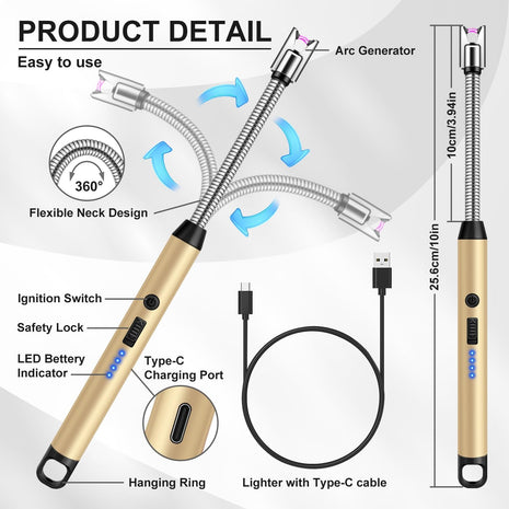 Electric Arc Lighter – 29.5cm Flexible USB Rechargeable – Windproof Safety Ignition with LED Indicator