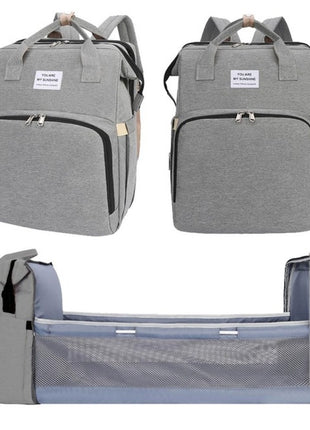 Multifunction Baby Diaper Backpack 35L with Foldable Bed, Waterproof Changing Station & Insulated Pockets – Grey/Navy