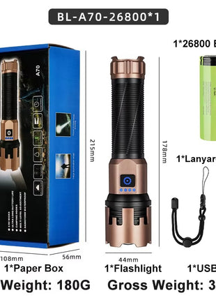 Telescopic Zoom Rechargeable LED Flashlight 3000+ Lumen USB‑C Aluminium Alloy IP55 6000 K Daylight – Model FL744