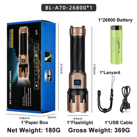 Telescopic Zoom Rechargeable LED Flashlight 3000+ Lumen USB‑C Aluminium Alloy IP55 6000 K Daylight – Model FL744