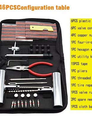46-Piece Tire Repair Kit for Tubeless Tires – Heavy-Duty Puncture Plug Tool Set with Pliers, Valve Tools & Storage Bag