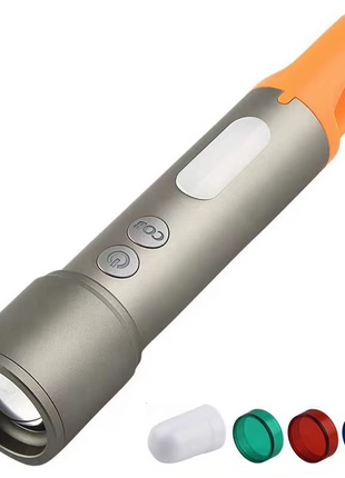 OUTGEAR LED Flashlight 20W Rechargeable – 5+4 Modes, COB Side Light, USB-C Torch with Filters – Grey/Orange