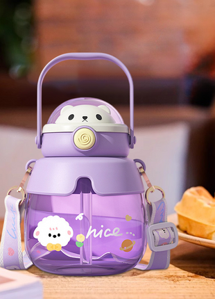 Bear 860mL Kids Water Bottle with Straw & Carry Handle Purple ABS Plastic