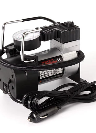Heavy Duty DC12V Air Compressor 35L/min – Metal Construction – 140 PSI Max – with Hose & Nozzles – Black and Silver
