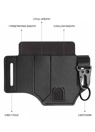 Leather Belt Organizer 13 × 18 cm – 3-Slot EDC Tool Pouch with Key Clip – Compact Carry Sheath