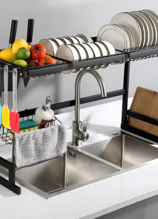Aluminium Dish Drying Rack 86cm Multi-Layer Over Sink Organizer Black Kitchen Countertop
