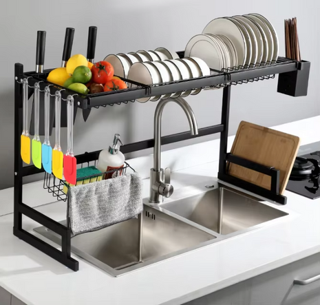 Aluminium Dish Drying Rack 86cm Multi-Layer Over Sink Organizer Black Kitchen Countertop
