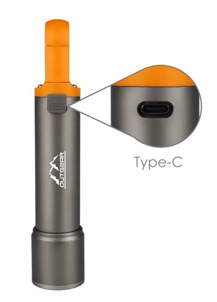 OUTGEAR LED Flashlight 20W Rechargeable – 5+4 Modes, COB Side Light, USB-C Torch with Filters – Grey/Orange