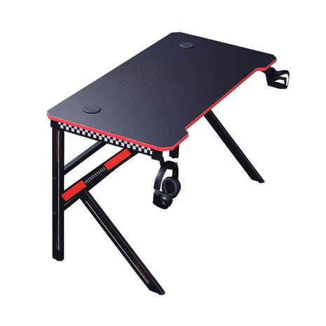 Gaming Desk 120cm Carbon Fiber Style MDF – Ergonomic Curve – K-Shaped Steel Frame – Dual Cable Ports