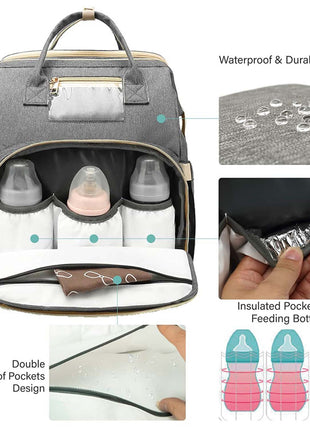 Multifunction Baby Diaper Backpack 35L with Foldable Bed, Waterproof Changing Station & Insulated Pockets – Grey/Navy