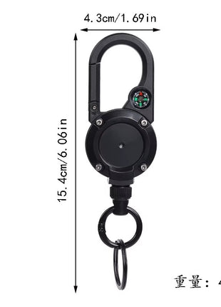 Retractable Keychain 70cm Wire Rope – ABS Carabiner with Compass – Spring-Loaded, Black