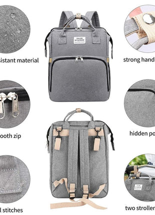 Multifunction Baby Diaper Backpack 35L with Foldable Bed, Waterproof Changing Station & Insulated Pockets – Grey/Navy