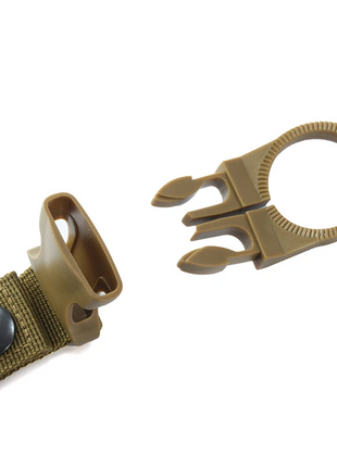 Water Bottle Holder Clip 13.5cm Nylon with Carabiner and Velcro Strap – Fits 27mm Bottles – Khaki/Black/Green