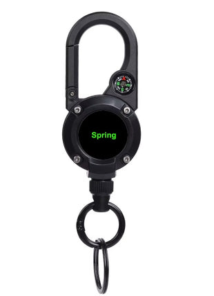 Retractable Keychain 70cm Wire Rope – ABS Carabiner with Compass – Spring-Loaded, Black