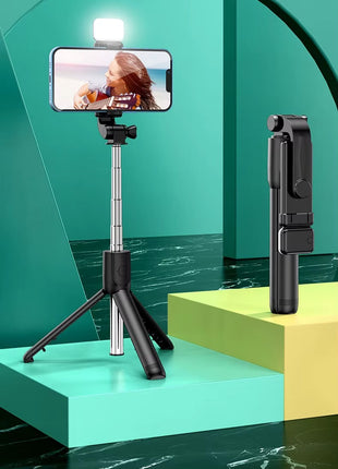 Selfie Stick Tripod 71cm Stainless Steel – Wireless Bluetooth Remote + LED Fill Light