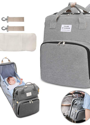 Multifunction Baby Diaper Backpack 35L with Foldable Bed, Waterproof Changing Station & Insulated Pockets – Grey/Navy