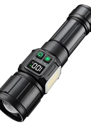 LED Flashlight 3500m Range – 9 Light Modes + Zoom – 3000 mAh Rechargeable Battery – Power Bank – Magnetic Base – Black