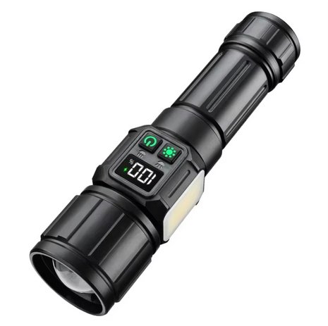 LED Flashlight 3500m Range – 9 Light Modes + Zoom – 3000 mAh Rechargeable Battery – Power Bank – Magnetic Base – Black
