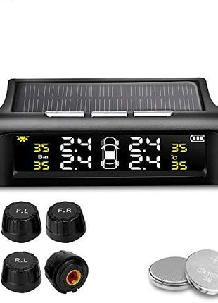 Wireless Tire Pressure Monitoring System 4-Sensor – Solar & USB Charging – 0.5–6.0 Bar – LCD Display – IP67 Sensors – Auto Sleep/Wake