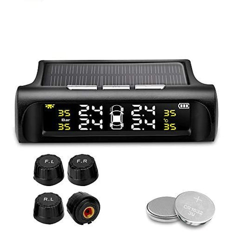 Wireless Tire Pressure Monitoring System 4-Sensor – Solar & USB Charging – 0.5–6.0 Bar – LCD Display – IP67 Sensors – Auto Sleep/Wake