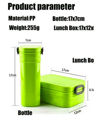2‑Compartment Leakproof Lunchbox & Water Bottle Set – BPA‑Free PP – 19×12×6.5 cm + 7×8×8 cm – Green/Blue/Pink