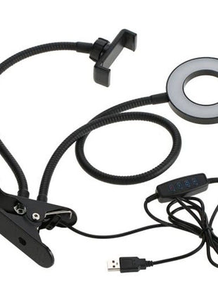 LED Ring Light 9cm – 3 Brightness Modes + Desk Clamp – USB Powered Flexible Gooseneck – Black