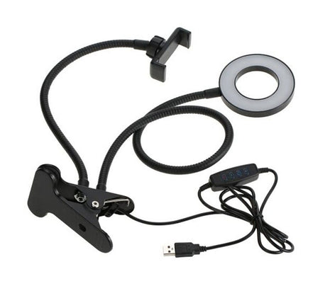 LED Ring Light 9cm – 3 Brightness Modes + Desk Clamp – USB Powered Flexible Gooseneck – Black