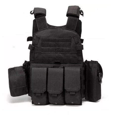 Tactical MOLLE Plate Carrier Vest Adjustable S–2XL – 600D Oxford with 3 Pouches and Drag Handle – Black
