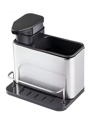 Stainless Steel Soap Dispenser and Sponge Holder – 2-in-1 Sink Organizer with Pump, Drainage Tray & Non-Slip Base – Silver