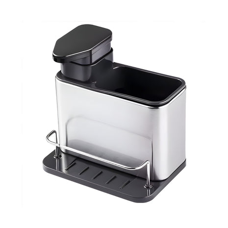 Stainless Steel Soap Dispenser and Sponge Holder – 2-in-1 Sink Organizer with Pump, Drainage Tray & Non-Slip Base – Silver