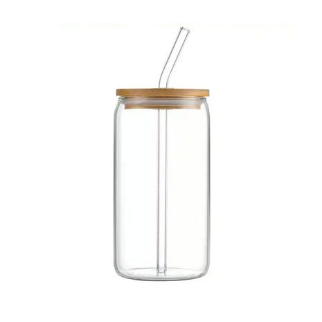 Glass Drinking Cup 500ml Borosilicate with Leakproof Bamboo Lid and Reusable Glass Straw