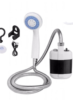 Portable Outdoor Shower 4–5L/min – USB Rechargeable 2200mAh Battery – ABS + 1.5m Hose – Suction & Hook