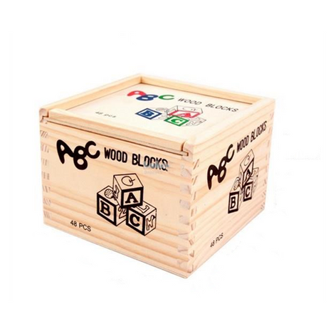 ABC Wooden Blocks Set 48-Piece – 3cm Solid Wood Cubes with Letters & Pictures – Includes Storage Box