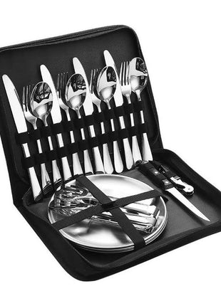 20-Piece Camping Utensil Set – Stainless Steel Outdoor Cooking Cutlery Kit with Plates, Tongs, Opener & Carry Bag