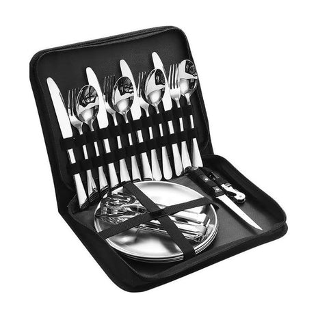 20-Piece Camping Utensil Set – Stainless Steel Outdoor Cooking Cutlery Kit with Plates, Tongs, Opener & Carry Bag