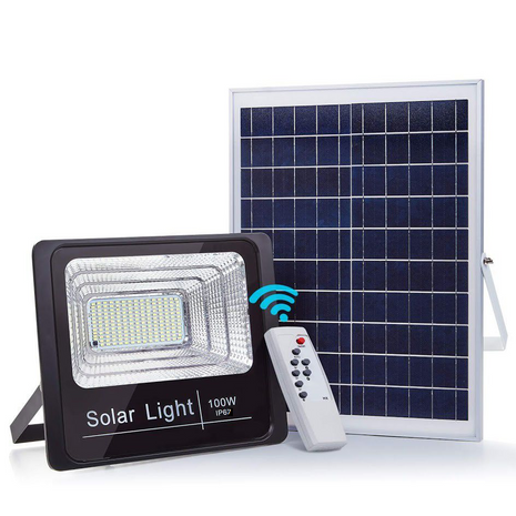 Solar Flood Light 100W Outdoor – 20W Polycrystalline Panel + IP65 Housing – Remote Controlled LED with Light Sensor – 120° Beam – Die-Cast Aluminium