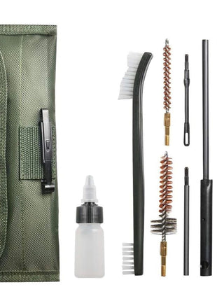 10‑Piece Rifle Cleaning Kit .22/.223/5.56 – Steel Rods, Brass & Nylon Brushes in Green Belt‑Pouch