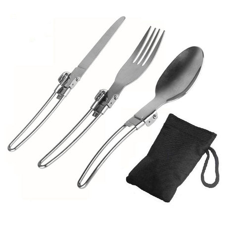 Folding Cutlery Set 3-Piece – Stainless Steel Camping Utensils with Knife, Fork, Spoon + Nylon Pouch – Compact Travel Silverware