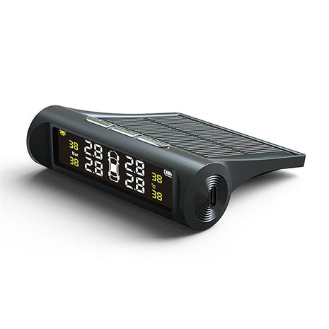 Wireless Tire Pressure Monitoring System 4-Sensor – Solar & USB Charging – 0.5–6.0 Bar – LCD Display – IP67 Sensors – Auto Sleep/Wake