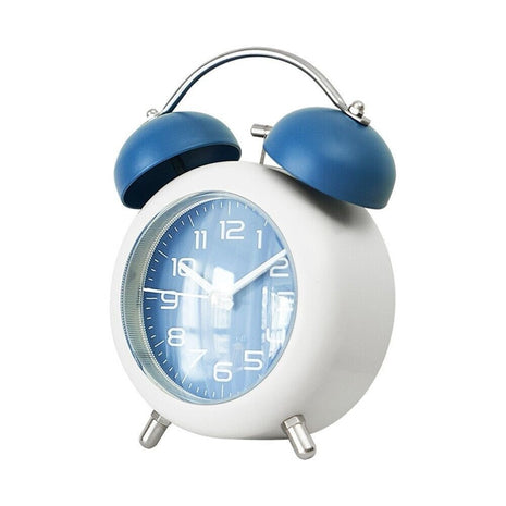Twin Bell Alarm Clock 110mm Silent Quartz – Loud Retro Analog Bedside Clock with Backlight – Blue/White Metal