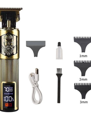 Cordless Hair Trimmer 1200mAh – Fine Steel T-Blade + USB-C + LCD Display – Gold Finish + 4 Guide Combs