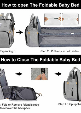 Multifunction Baby Diaper Backpack 35L with Foldable Bed, Waterproof Changing Station & Insulated Pockets – Grey/Navy