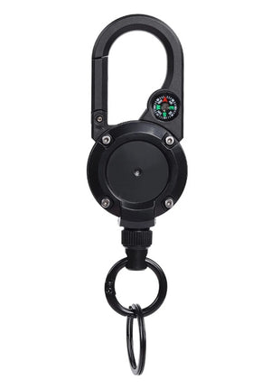 Retractable Keychain 70cm Wire Rope – ABS Carabiner with Compass – Spring-Loaded, Black