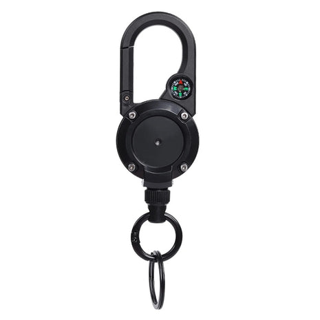Retractable Keychain 70cm Wire Rope – ABS Carabiner with Compass – Spring-Loaded, Black