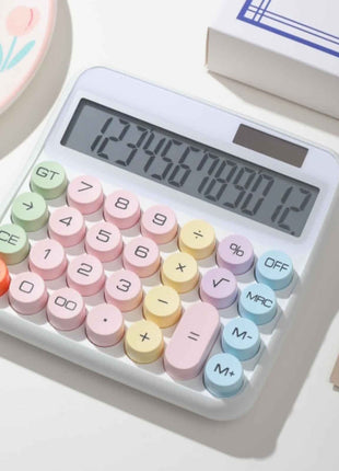 12-Digit Calculator with Pastel Typewriter Keys - ABS Plastic, AA Battery, White