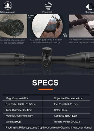 Riflescope 4-16x44 Adjustable Optic Sight Aluminium Body - Illuminated Reticle Black Tactical Scope