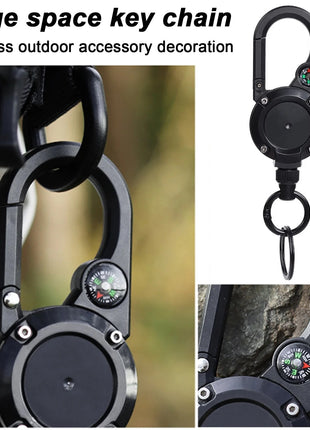 Retractable Keychain 70cm Wire Rope – ABS Carabiner with Compass – Spring-Loaded, Black