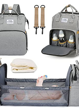 Multifunction Baby Diaper Backpack 35L with Foldable Bed, Waterproof Changing Station & Insulated Pockets – Grey/Navy