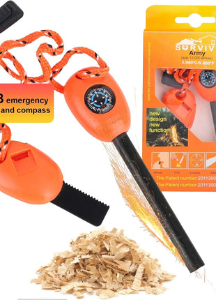 5-in-1 Fire Starter Ferro Rod 11 cm – Magnesium Flint Tool with Compass, Whistle, Scraper – Orange Survival Kit