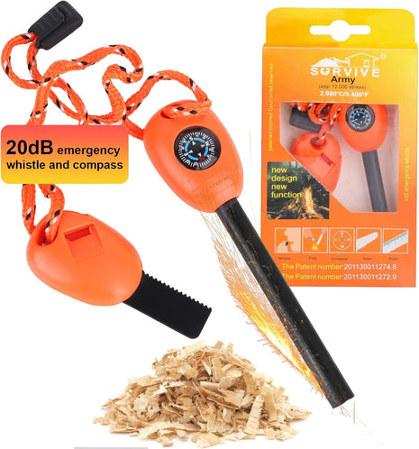 5-in-1 Fire Starter Ferro Rod 11 cm – Magnesium Flint Tool with Compass, Whistle, Scraper – Orange Survival Kit